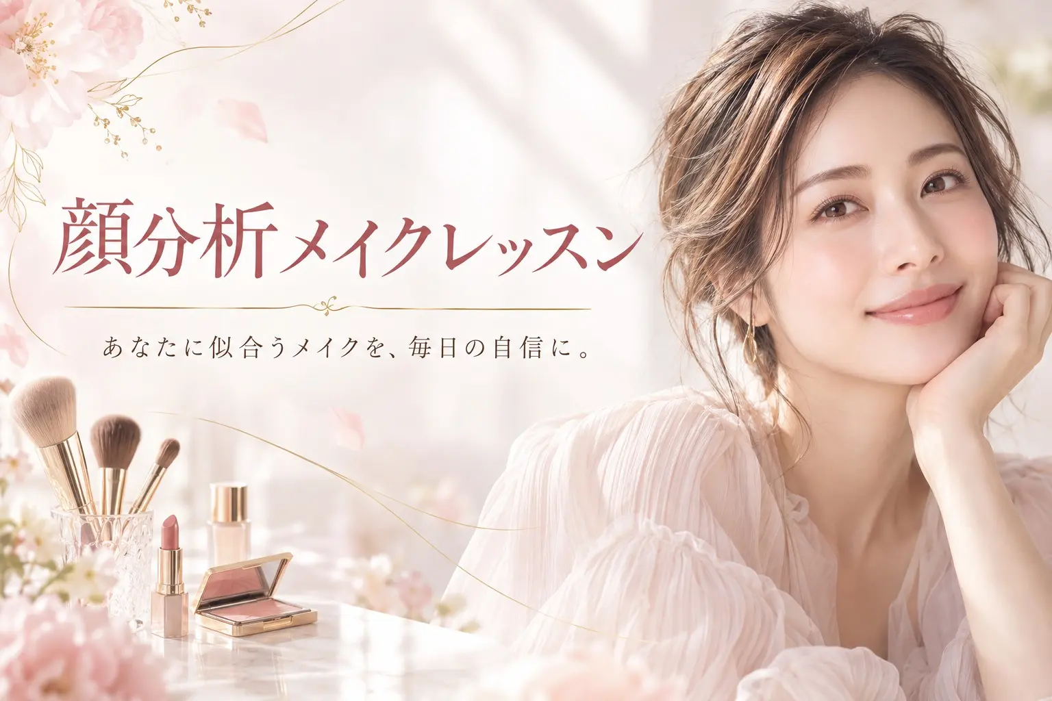 上品なピンクベージュの空間に女性とメイクアイテムを配した顔分析メイクレッスンのイメージ